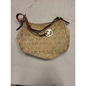 Michael Kors Shoulder Bag Purse Tan Brown Leather Trim Logo Print Designer